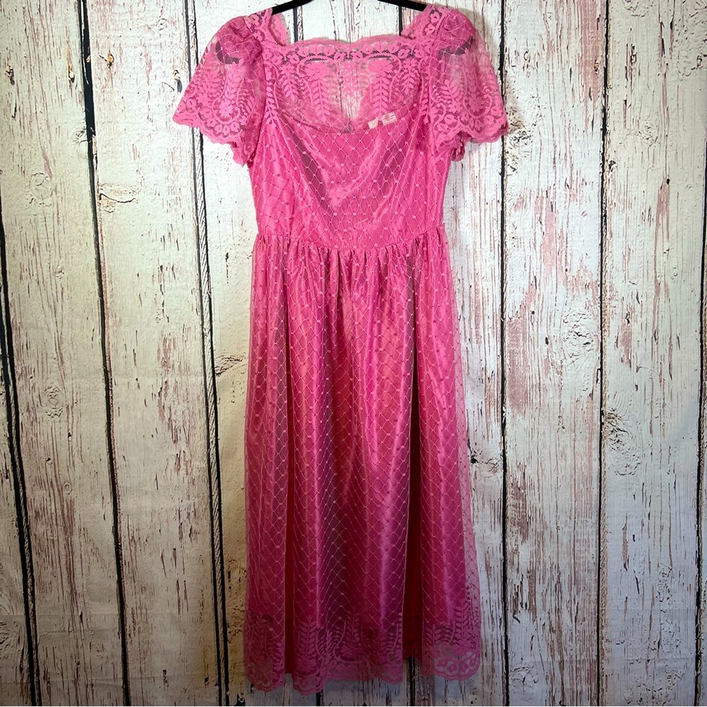Vintage JCPenney 80’s “Pretty in Pink” Lace Overlay Prom Union Made Dress SMALL